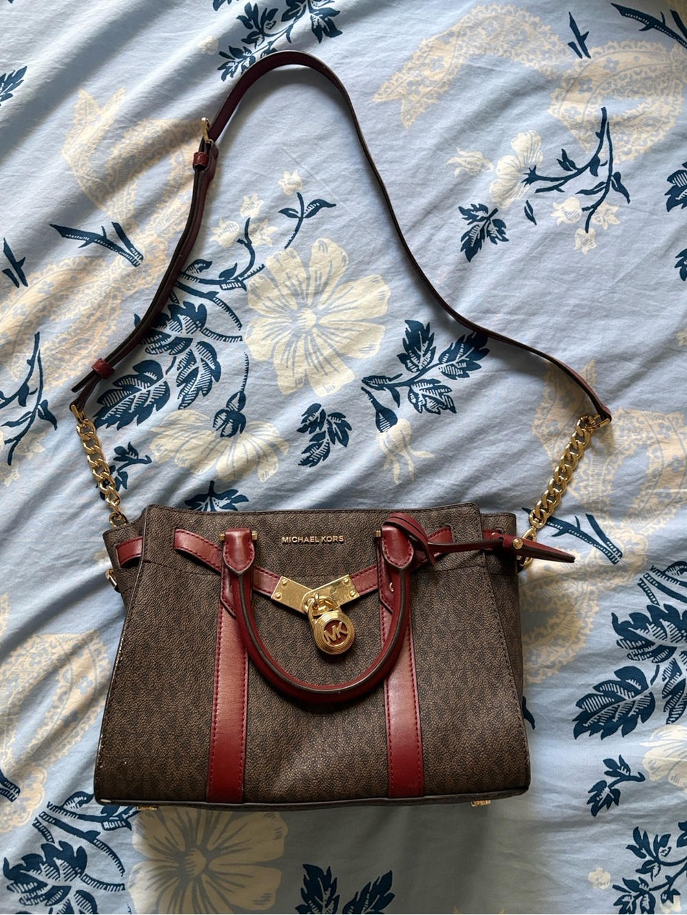 Michael Kors Brown Monogram Satchel with Burgundy Leather Trim
